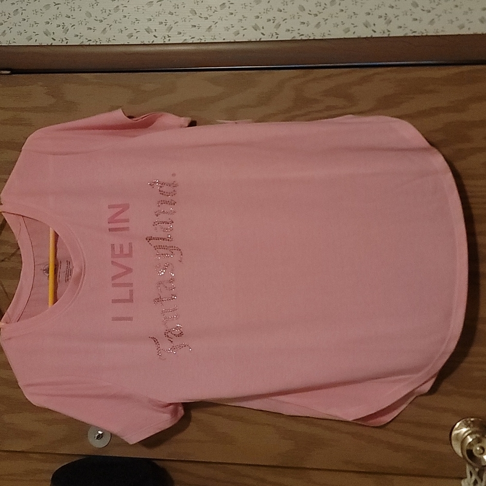DISNEY PARKS COLLECTION WOMEN'S "I LIVE IN FANTASYLAND" T-SHIRT: PINK: NWT: SZ L